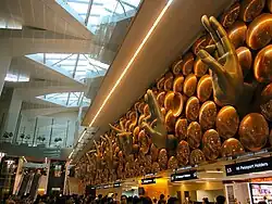 hands extending from a wall over the immigration counters