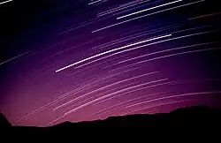 Fixed tripod mounted camera capturing star trails