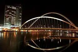 A large bridge crossing a river, in nighttime, with skyscrapers in the background