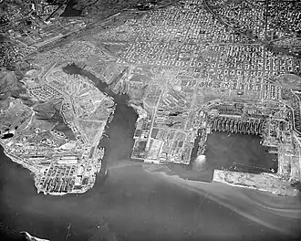 Aerial photo of Richmond Shipyards, 1944, view directed north: #3 (west, foreground); #2 (rectangular basin, east foreground); #4 (end of the channel, south bank); #1 (north of the channel bend).