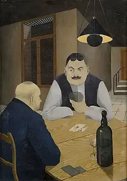 Painting of two men sitting at a wooden table playing cards under a hanging lamp, with a wine bottle and glass nearby in a dimly lit room