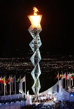 Olympic flame lit at the 2002 Winter Olympics in Salt Lake City, Utah.