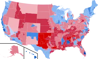 Results by congressional districts, shaded according to winning candidate's percentage of the vote.