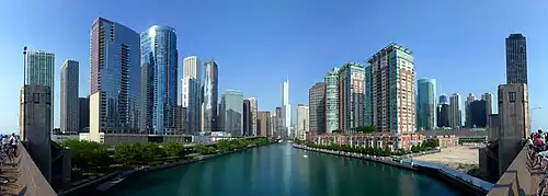 The Chicago River is the south border of the Near North Side and the north border of the Loop, which is pictured here; the Loop's Near East Side is to the left in this picture.