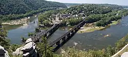 Aerial view of Harpers Ferry from Maryland Heights at the confluence of the Shenandoah (left) and Potomac Rivers