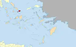 Map of Mykonos and neighboring Rineia and Delos islands within the South Aegean