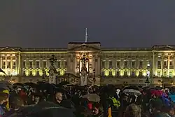 Crowds at Buckingham Palace following the death and state funeral of Elizabeth II, shortly after the Platinum Jubilee celebration which marked the 70th anniversary of her accession.