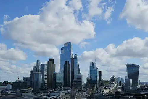 The City of London skyline as viewed from St Paul's Cathedral, October 2024. The tallest building shown here is 22 Bishopsgate at 278&nbsp;m, which topped out in 2019. Since its construction The Gherkin is no longer visible from this angle. There are currently four towers in this cluster that are above 200&nbsp;m tall with four more approved to be constructed, 1 Undershaft at 290&nbsp;m tall, 55 Bishopsgate at 269&nbsp;m tall, 100 Leadenhall at 249&nbsp;m tall, and 99 Bishopsgate at 240&nbsp;m tall, by 2030.