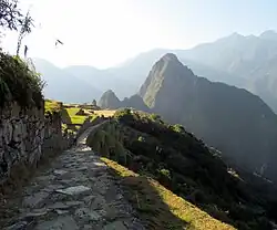Stone path and agricultural terraces, with Huayna Picchu mountain rising in the background.
