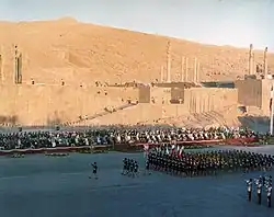 Soldiers in the parade with Lion and Sun flags during the 2,500 year celebration of the Persian Empire