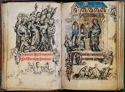 Arrest of Christ and Annunciation of the Virgin; by Jean Pucelle; 1324–1328; grisaille and temprea on vellum; 8.9 x 12.4&nbsp;cm; Metropolitan Museum of Art (New York City)[146]