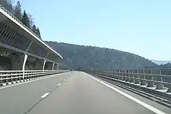 View of the A40 motorway crossing the Jura mountains near Nantua