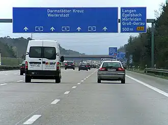 An autobahn with 4 lanes in each direction of travel for 21&nbsp;km (13&nbsp;mi). The section between Zeppelinheim and Darmstadt is the oldest Autobahn.