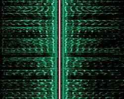 Sonogram of an AM signal, showing the carrier and both sidebands vertically