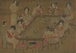 Women wearing qixiong ruqun, Painting of "A palace concert", Tang dynasty, c.836 - 907.