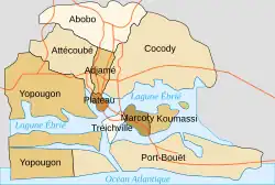 Map of the 10 communes which formed the former City of Abidjan (422&nbsp;km2), now included in the larger Autonomous District of Abidjan (2119&nbsp;km2)