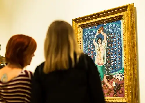 Two women admiring a painting