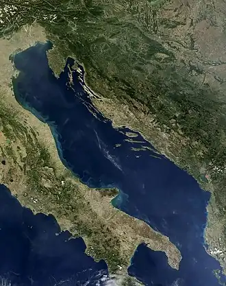 Satellite image of the Adriatic Sea and its shorelines