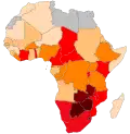 Map of Africa colored according to the percentage of the adult (ages 15–49) population with HIV/AIDS.[38]