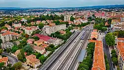 Aerial view of Aix-en-Provence showing the railway station and surrounding cityscape