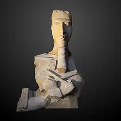 Statue of Akhenaten; c.&nbsp;1350&nbsp;BC; painted sandstone; 1.3 × 0.8 × 0.6&nbsp;m; Louvre