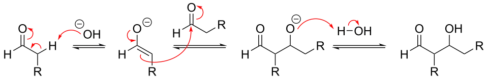 Simple mechanism for base-catalyzed aldol reaction of an aldehyde with itself