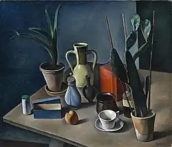 Still life painting of a tabletop with potted plants, ceramic vessels, a cup and saucer, a peach, and a red box arranged under soft light against a dark blue background