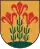 A coat of arms depicting three flowers that have red petals, green stalks, and green leaves all sprouting from green earth