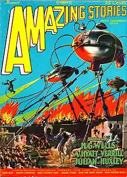 Cover of Amazing Stories August 1927 issue, for a reprint of The War of the Worlds, artwork by Frank R. Paul