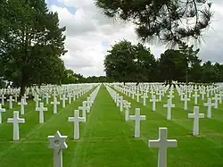 A photograph of white grave markers on green grass at the Normandy American Cemetery and Memorial near Omaha Beach in France