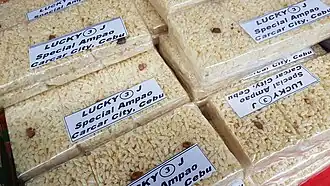 Ampaw is a Cebuano snack made from fried white rice coated in syrup, usually with Peanuts inside. It originates from Carcar.