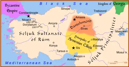 Map of Anatolia showing the Seljuk Sultanate of Rum in the west, the Danishmends realm and the Armenian principalities in the east