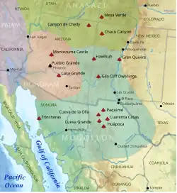A map of the American Southwest and the northwest of Mexico showing modern political boundaries. Overlaid over them are four colored and labeled territories: "Anasazi", "Hohokam", "Petaya", and "Mogollón". Anasazi land is colored green.