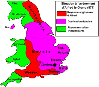 Wessex and areas under its control in 871.