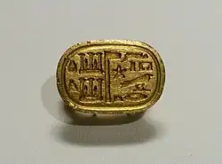 Signet ring; 664–525&nbsp;BC; gold; diameter: 3 by 3.4 centimetres (1.2&nbsp;in ×&nbsp;1.3&nbsp;in); British Museum (London)