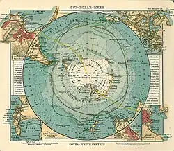 1906 map by German publisher Justus Perthes showing Antarctica encompassed by an Antarktischer (Sudl. Eismeer) Ocean – the 'Antarctic (South Arctic) Ocean'.