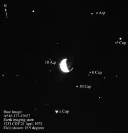 Long-exposure photo taken from the Moon's surface by Apollo 16 astronauts using the Far Ultraviolet Camera. It shows the Earth with the correct background of stars, which are named.