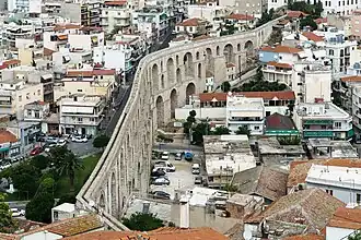16th-century Ottoman Kavala aqueduct, Greece with both a distinct angular turn and a curve in the structure shown in an overhead image