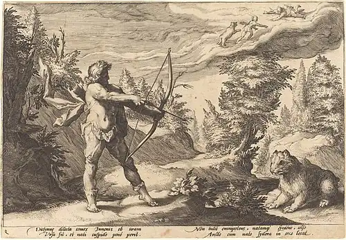 Arcas about to kill his mother, engraving by Hendrik Goltzius, 16th-17th century.