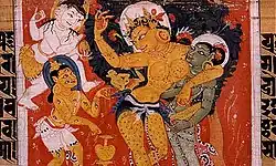 Painting of the miraculous birth of Gautama Buddha, out of the side of Queen Mahamaya from the Astasahasrika Prajnaparamita Sutra manuscript, Pala Period. Nalanda, Bihar, India