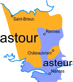 Map of Upper Brittany showing regional pronunciation of the word astour.