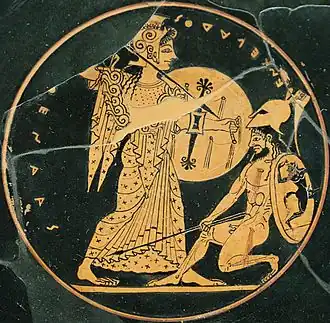 Attic red-figure kylix showing Athena slaying the Giant Enceladus (c. 550–500 BC). In the myth, she crushed Enceladus under the island of Sicily.