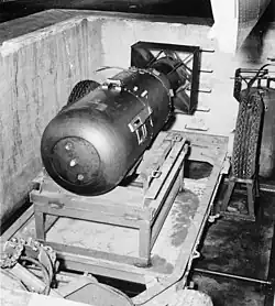 "Little Boy" in the bomb pit on Tinian island, prior to loading aboard Enola Gay