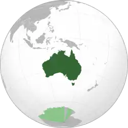 A map of the eastern hemisphere centred on Australia, using an orthographic projection