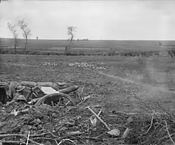 Two soldiers operate a field gun from a dug-in position in an open field and reinforced with sandbags. Entrenching tools, spoil and broken vegetation lie around the emplacement, while some defoliated trees stand in the middle distance.