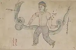 Ophiuchus in a manuscript copy of Azophi's Uranometry, 18th&nbsp;century copy of a manuscript prepared for Ulugh Beg in 1417 (note that as in all pre-modern star charts, the constellation is mirrored, with Serpens Caput on the left and Serpens Cauda on the right).