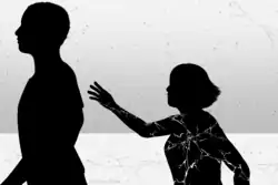 On the right, a girl reaches out her arm for a male who is looking the other way, they are both black silhouettes. The girl has short hair and white squiggly lines in her body that condense near her heart and resemble lines seen on a black marble floor, and the male has a crew cut