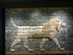 Room 55 – Panel with striding lion made from glazed bricks, Neo-Babylonian, Nebuchadnezzar II, Southern Iraq, 604–562 BC