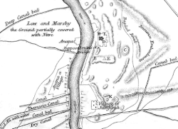Map showing the terrain at the site of Babylon as it was in 1829. Various mounds, outcrops and canals are shown, with the river Tigris running through the middle. At the centre of the map is a mound marked "E" where the Cyrus Cylinder was discovered in March 1879