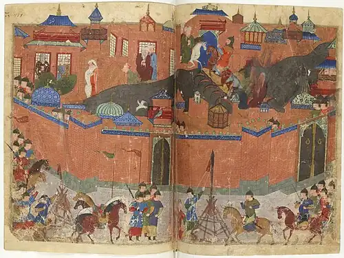 Colorful medieval depiction of a siege, showing the city of Baghdad surrounded by walls, and the Mongol army outside